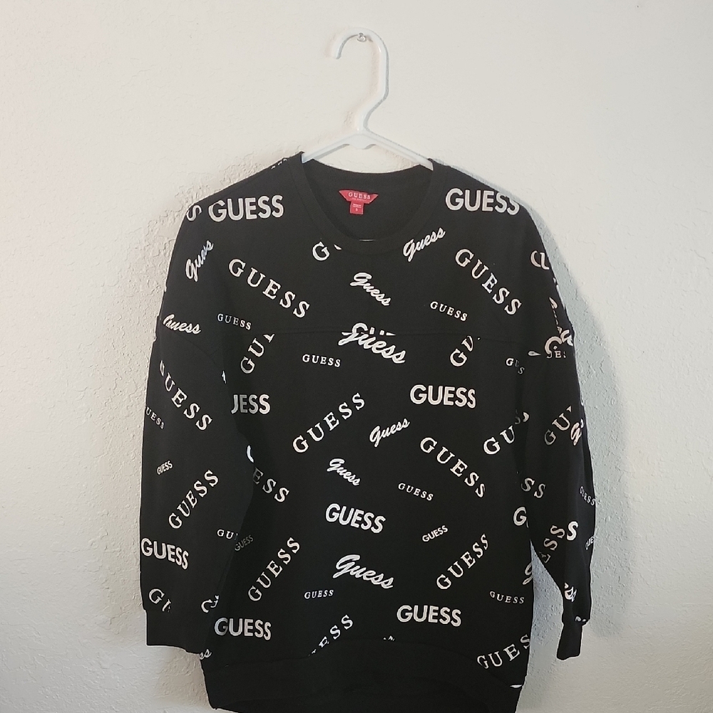 Guess Black and White Crewneck Sweater with Logo Print